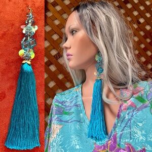 Fabulous Artisan PEACOCK Blue SHOULDER DUSTER Tasseled Single Pierced EARRING